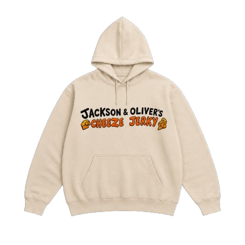 Cream hoodie with the Jackson & Oliver's Cheeze Jerky embroidered design